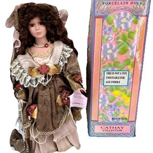 Cathay‎ Collection Porcelain Doll Brown Hair Floral Dress Display Decor